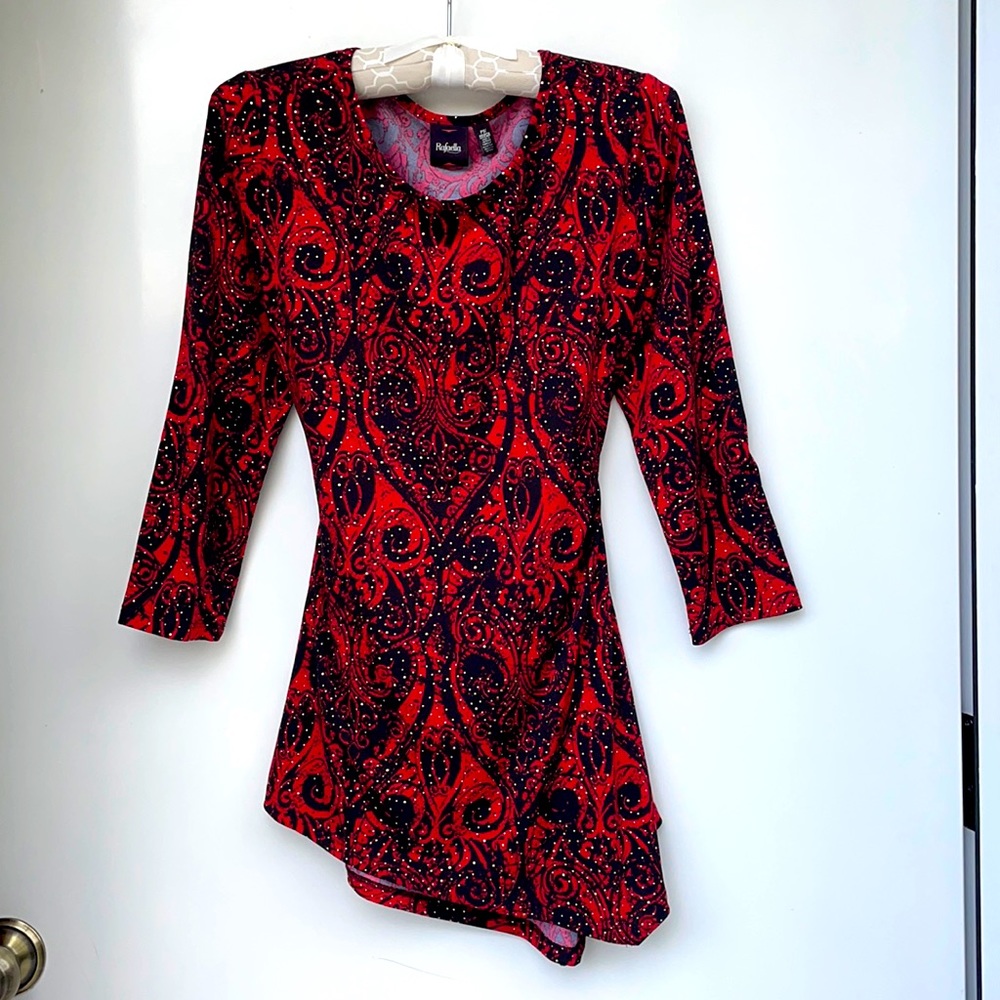 Rafaella red & black shirt with round gold studs. Asymmetric bottom hem.
